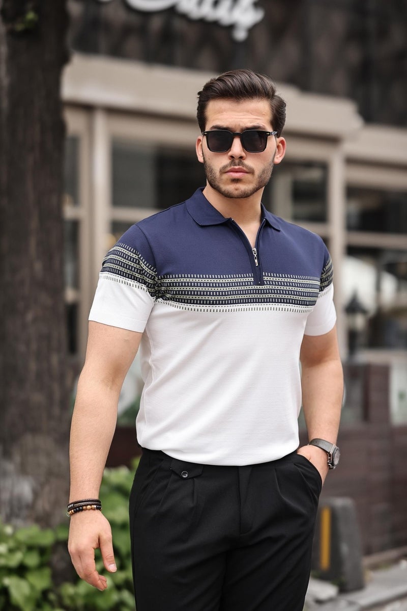 Navy Blue White Zippered Knitwear Polo Neck T-Shirt