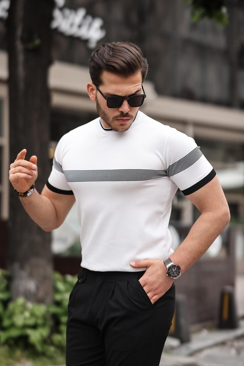 White Crew Neck Striped Knitwear T-Shirt