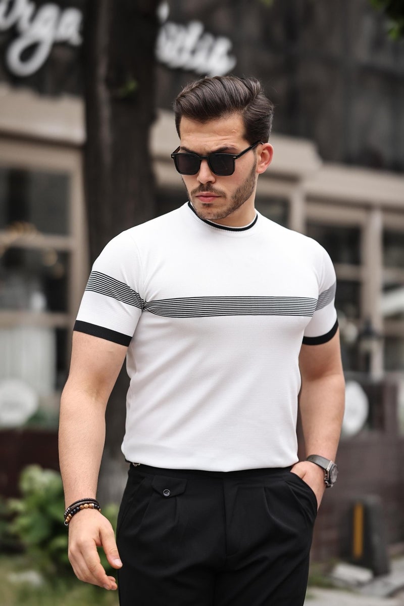 White Crew Neck Striped Knitwear T-Shirt