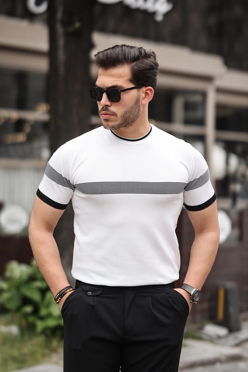 White Crew Neck Striped Knitwear T-Shirt