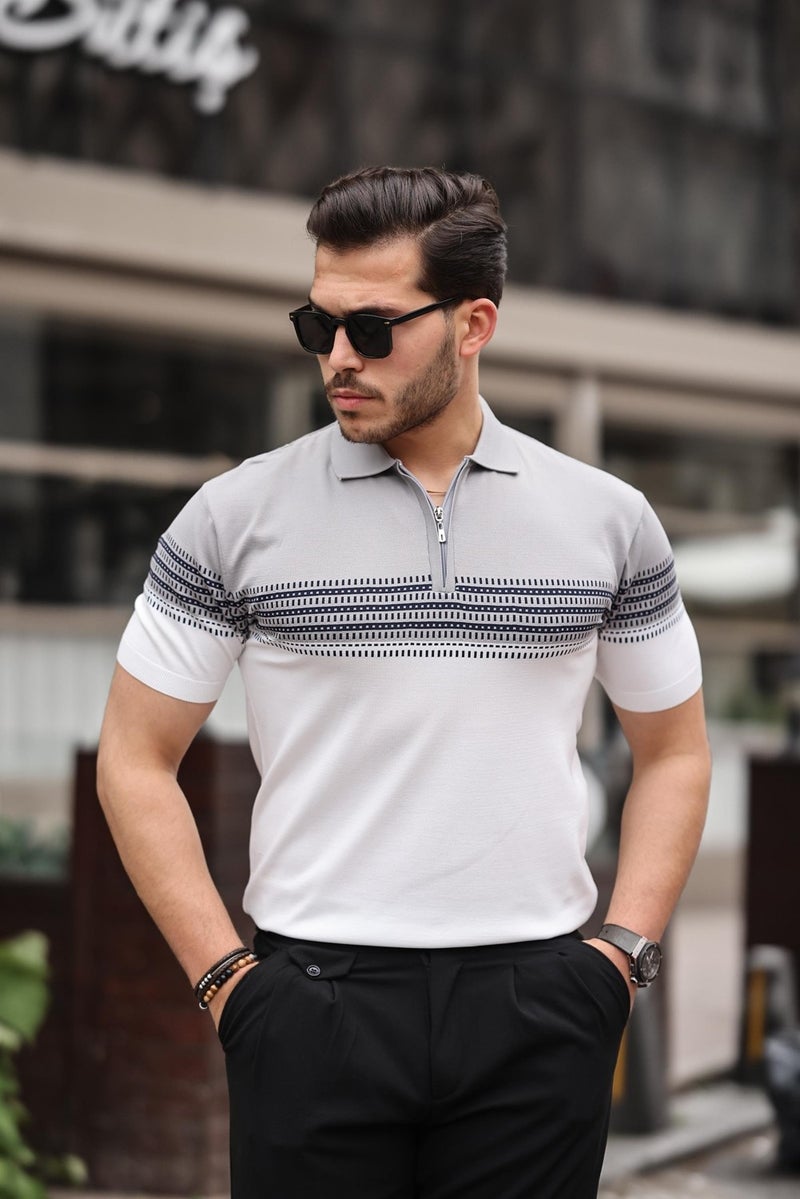 Gray White Zippered Knitwear Polo Neck T-Shirt