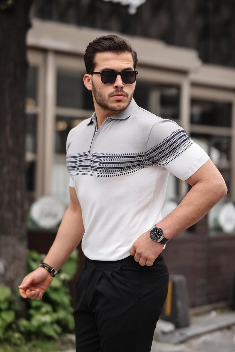 Gray White Zippered Knitwear Polo Neck T-Shirt