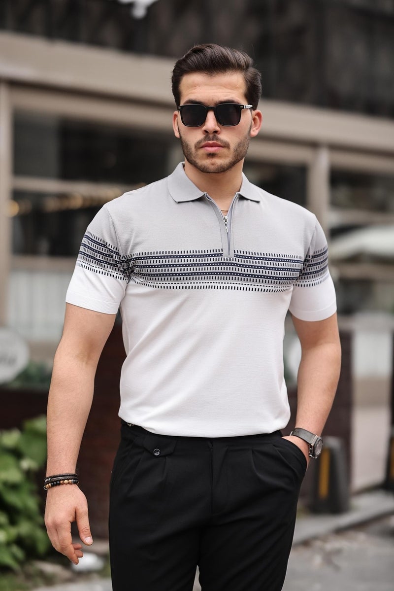 Gray White Zippered Knitwear Polo Neck T-Shirt