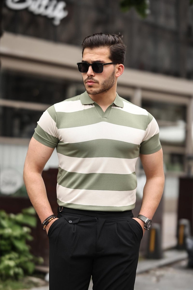 Khaki Beige Knitwear Block Piece Polo Neck T-Shirt