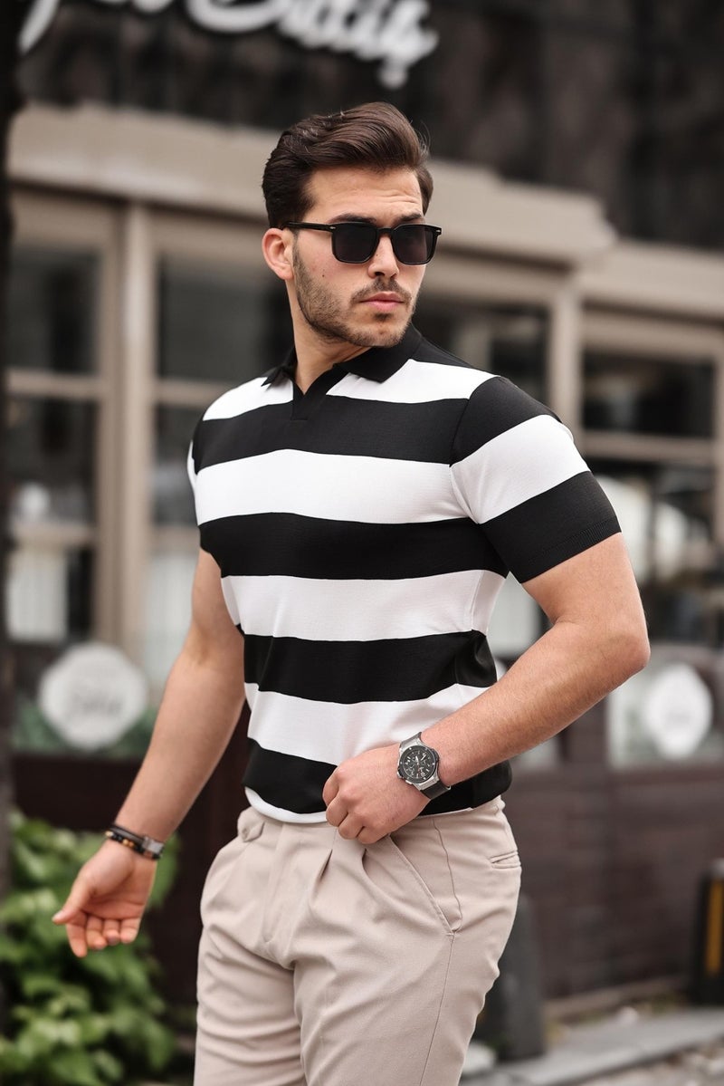 Black and White Knitwear Block Piece Polo Neck T-Shirt