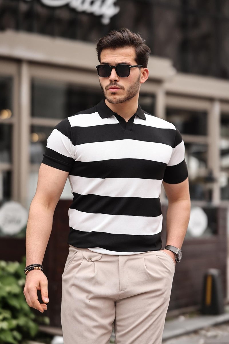 Black and White Knitwear Block Piece Polo Neck T-Shirt