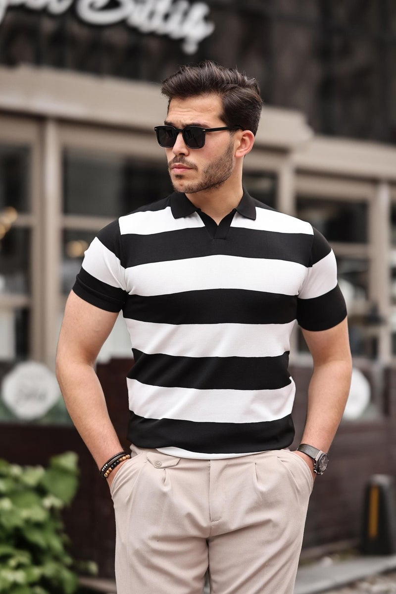 Black and White Knitwear Block Piece Polo Neck T-Shirt