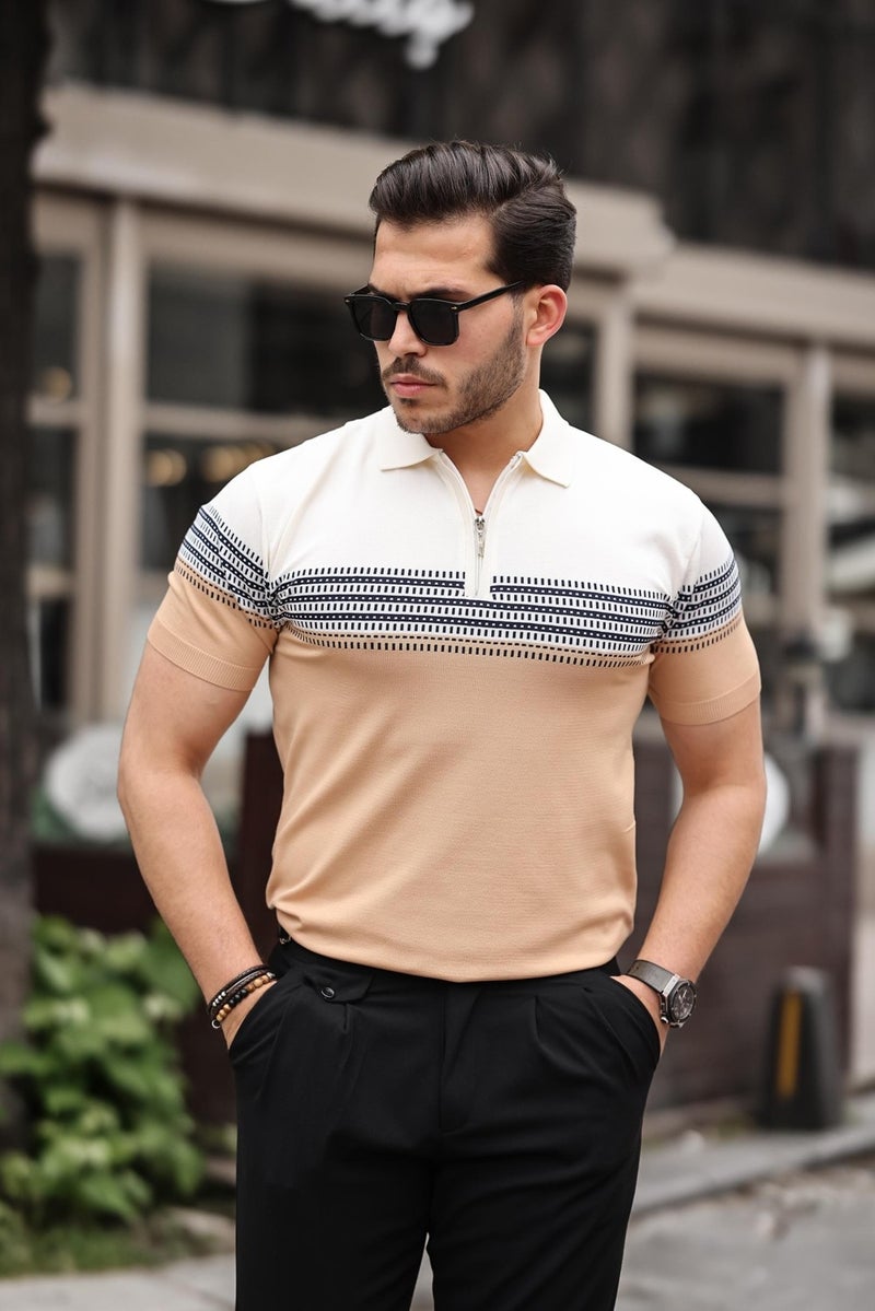 Ecru Camel Zippered Knitwear Polo Neck T-Shirt