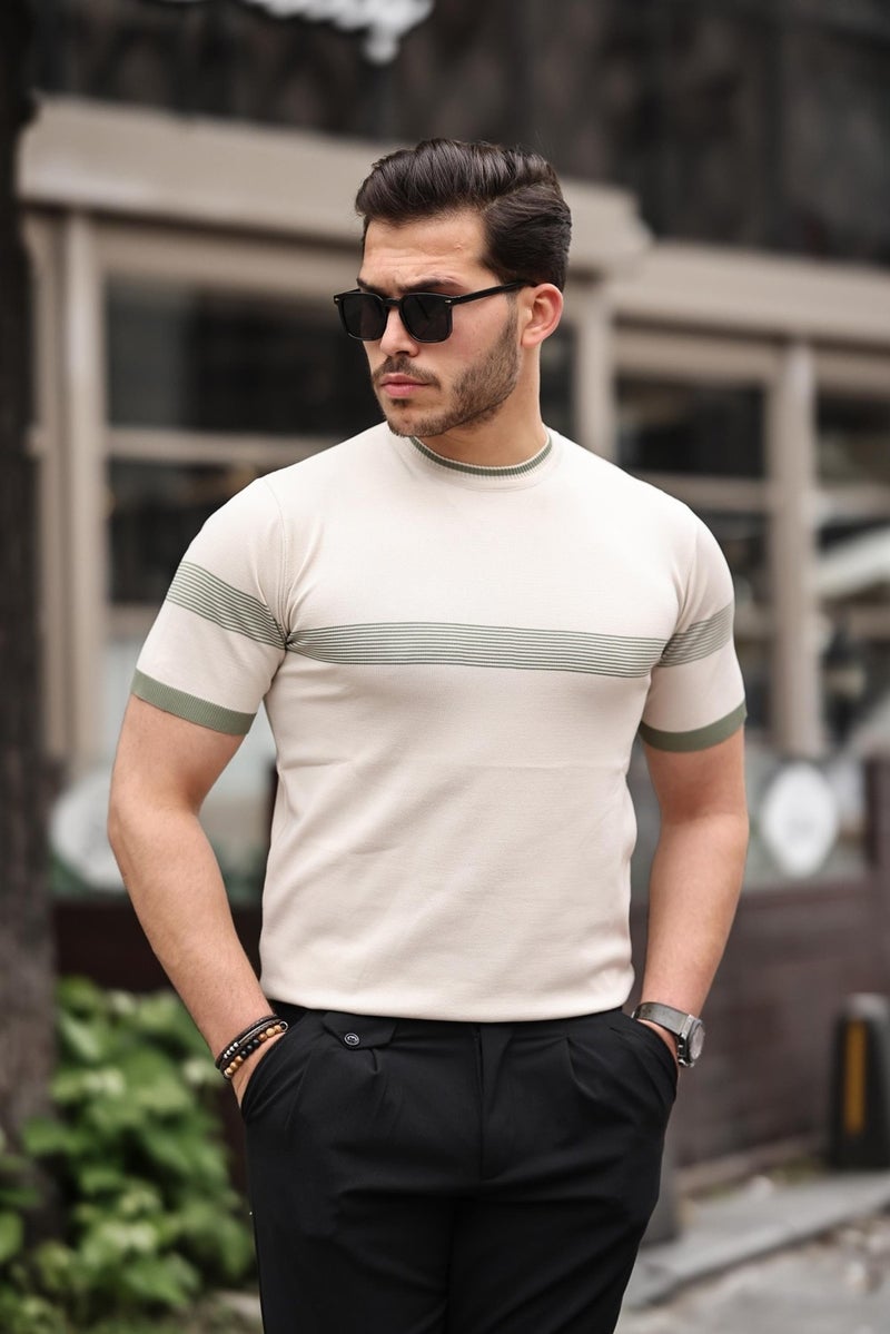 Beige Crew Neck Striped Knitwear T-Shirt