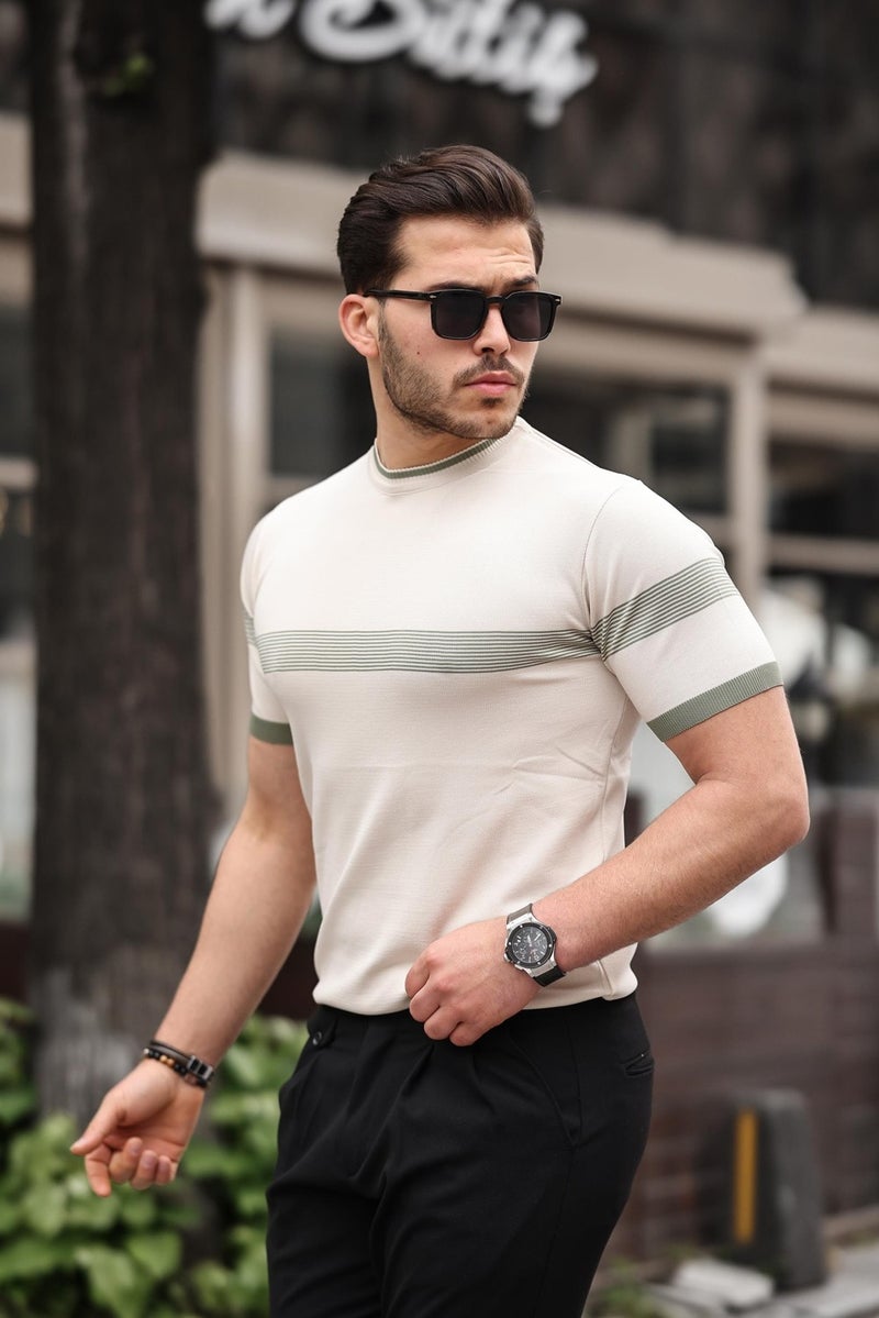 Beige Crew Neck Striped Knitwear T-Shirt