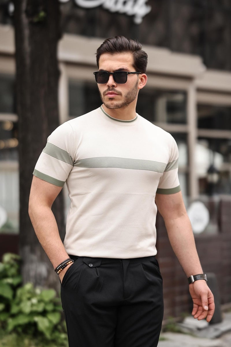 Beige Crew Neck Striped Knitwear T-Shirt