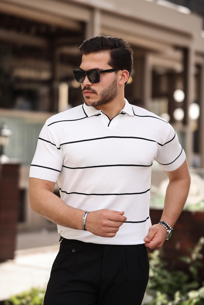 White Striped Knitwear Polo Neck T-Shirt - 2427