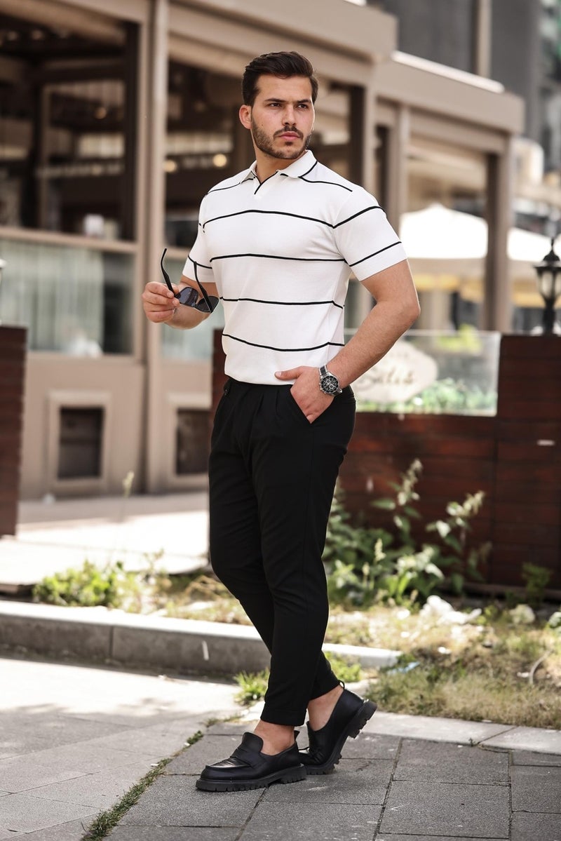 White Striped Knitwear Polo Neck T-Shirt - 2427