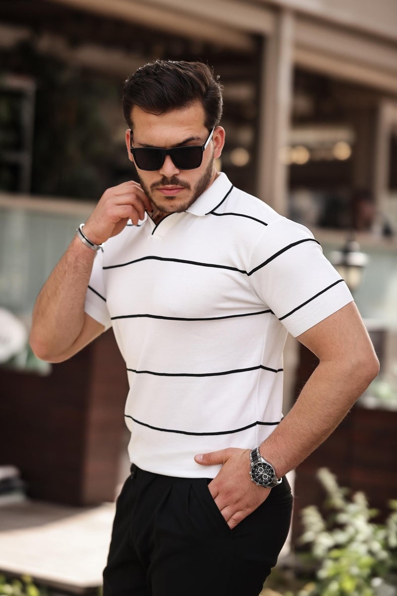 White Striped Knitwear Polo Neck T-Shirt - 2427