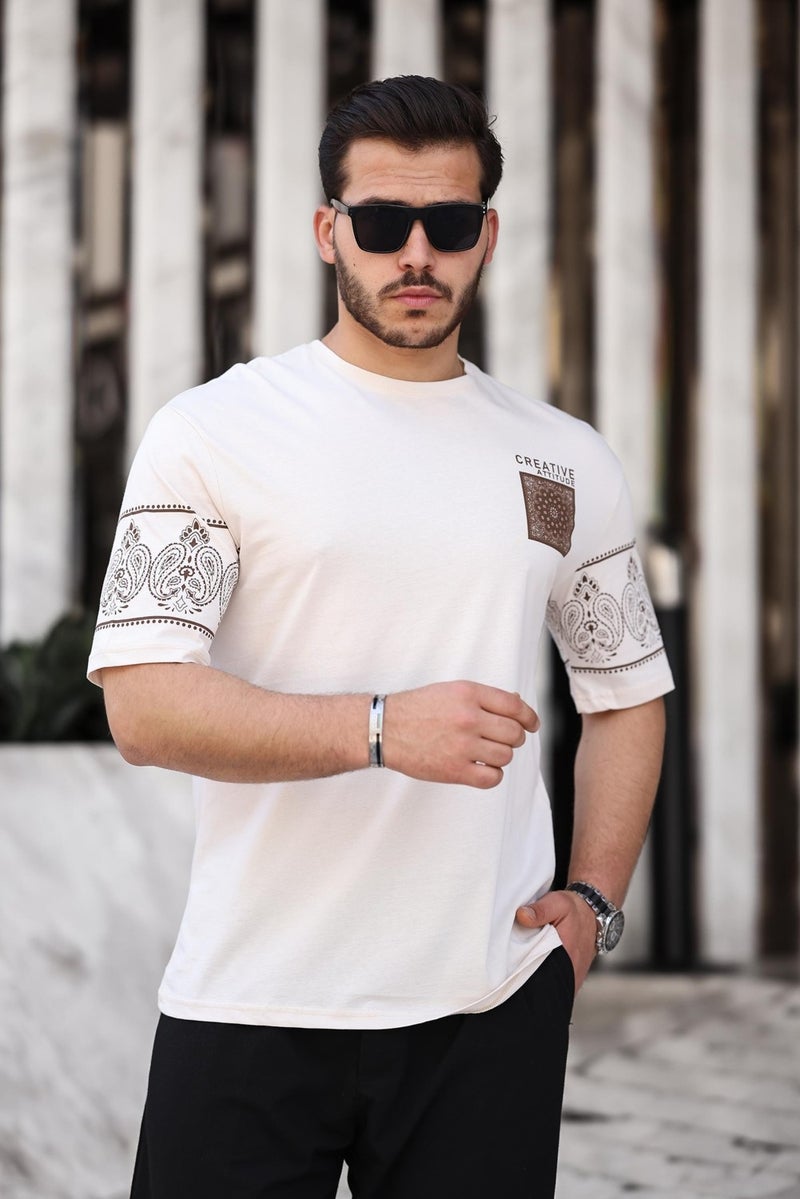 Beige Printed Detailed Oversize Short Sleeve T-Shirt - 2428