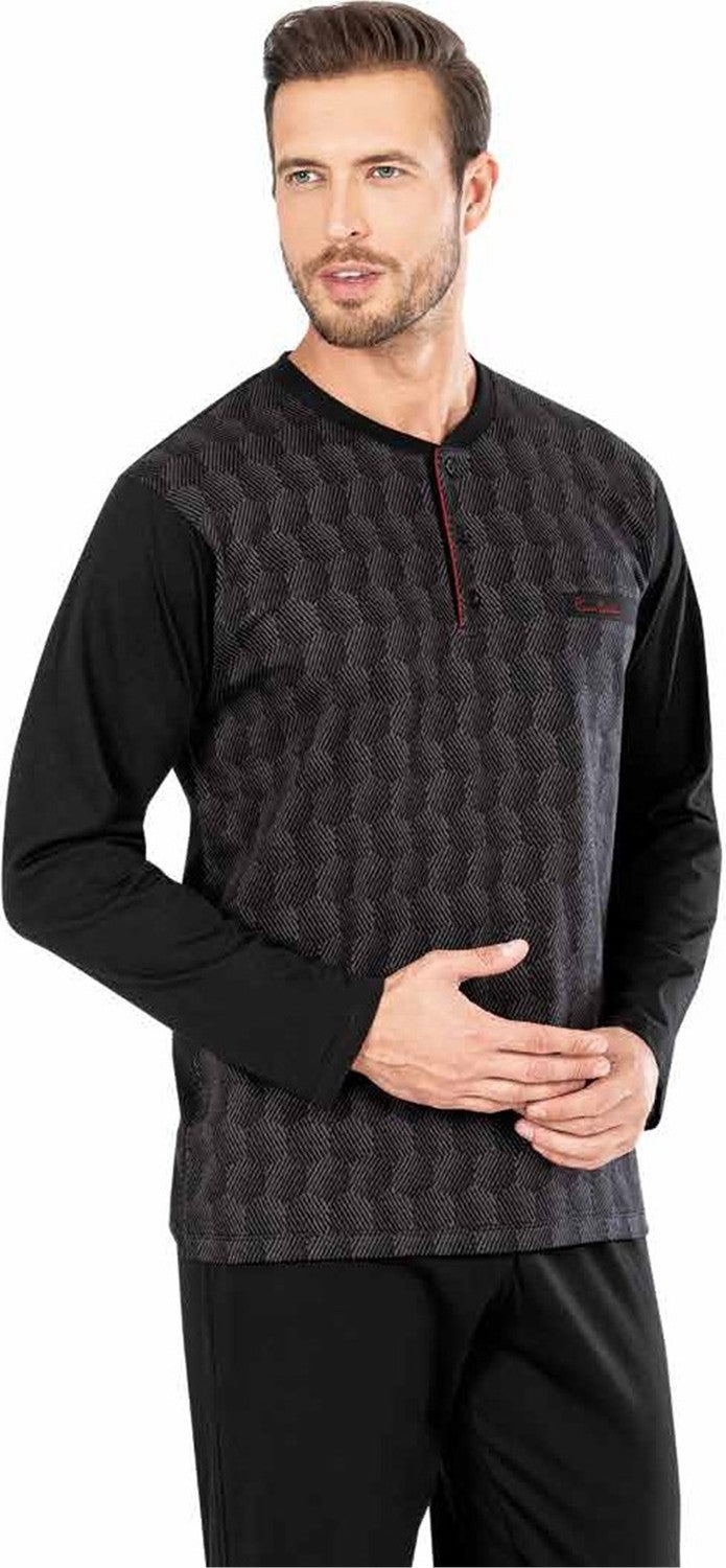 5465 Long Sleeve Jacquard Men's Pajama Set-Black