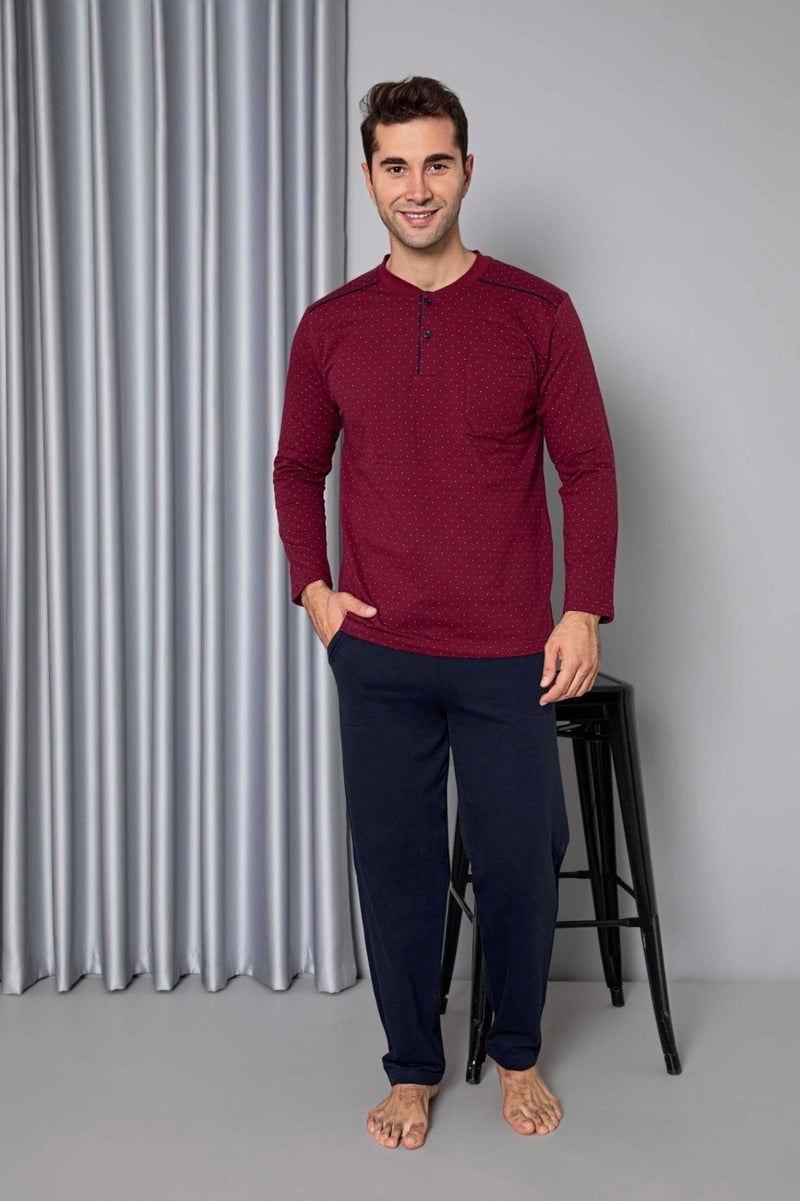 Men's 3 Button Long Sleeve Chest Pocket 2 Thread Winter Pocket Pajama Set