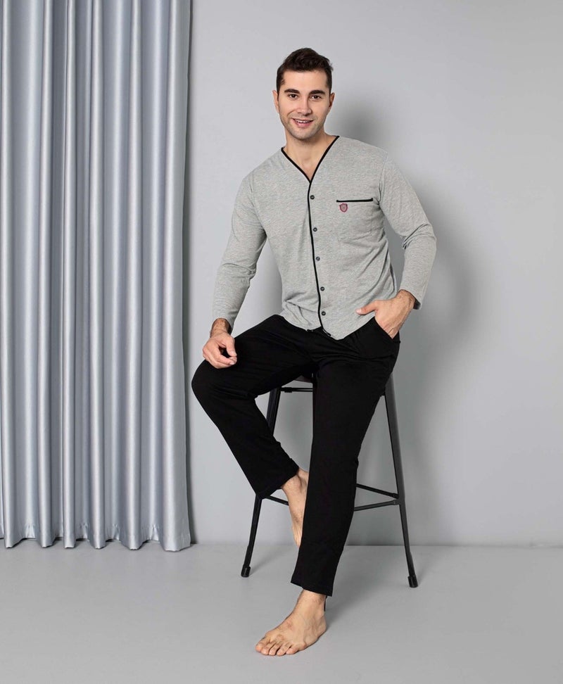 Men's Black V-Neck Front Buttoned Shirt Collar Chest Pocket Viscose Cotton Pocket Long Sleeve Pajama Set