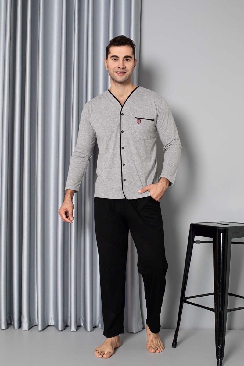 Men's Black V-Neck Front Buttoned Shirt Collar Chest Pocket Viscose Cotton Pocket Long Sleeve Pajama Set