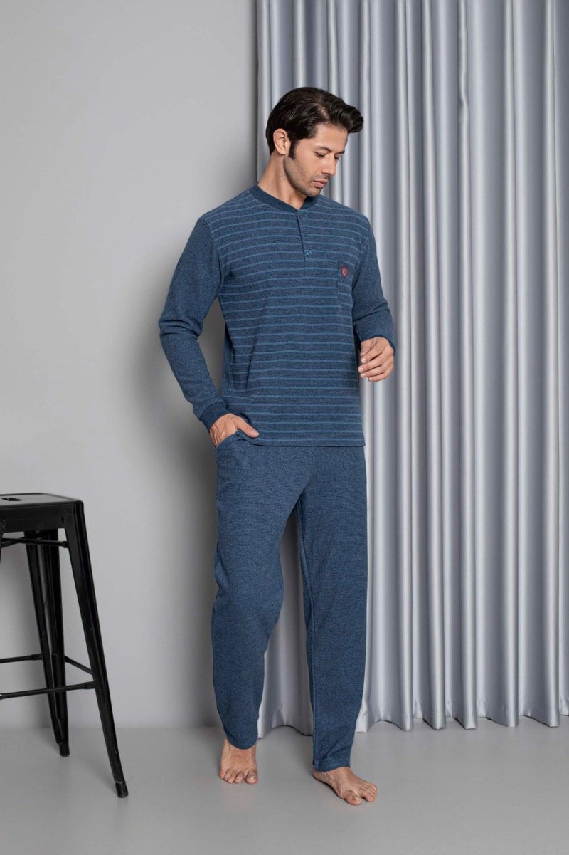 Men's 3 Button Long Sleeve Chest Pocket Selanik Fabric Winter Pocket Pajama Set