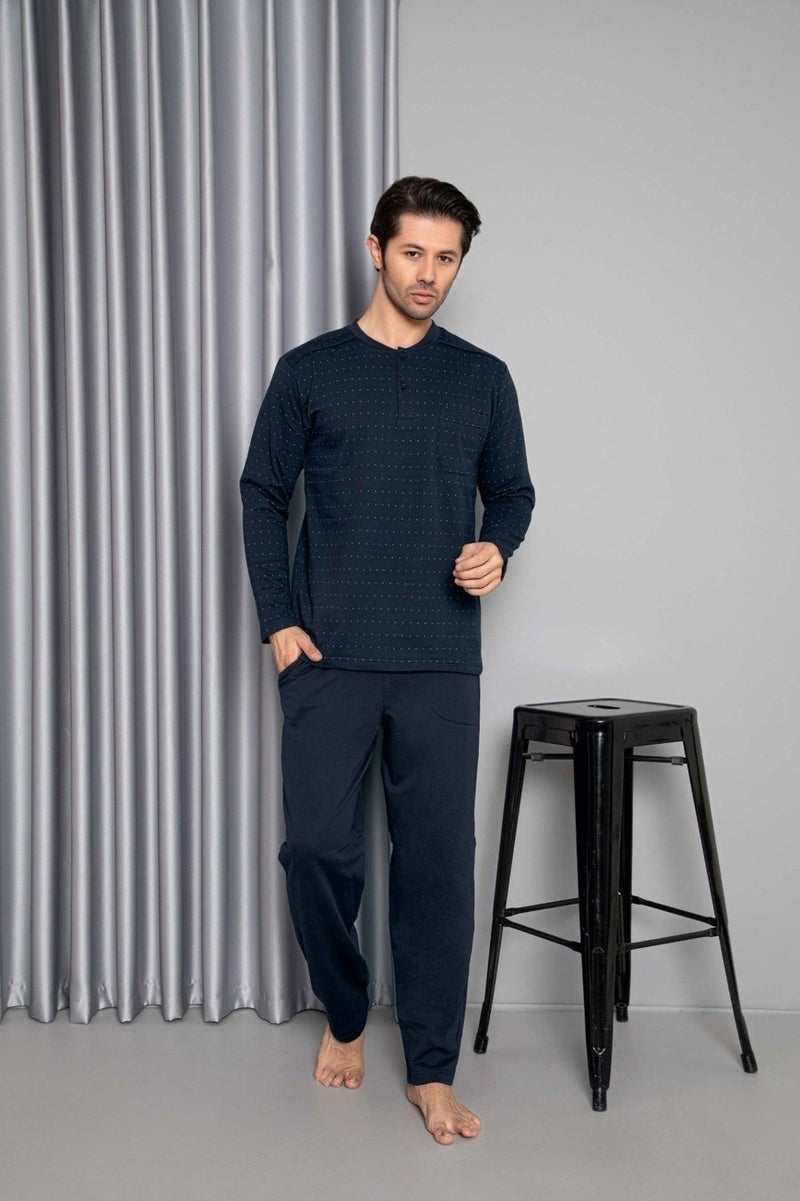 Men's 3 Button Long Sleeve Chest Pocket 2 Thread Winter Pocket Pajama Set