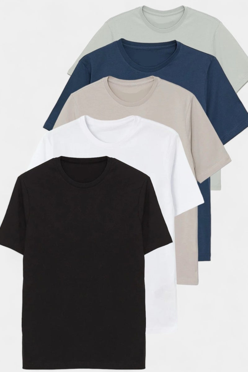 Black-White-Beige-Indigo-Water Green Slim Basic 5 Pack Basic 95% Cotton 5% Lycra T-Shirt