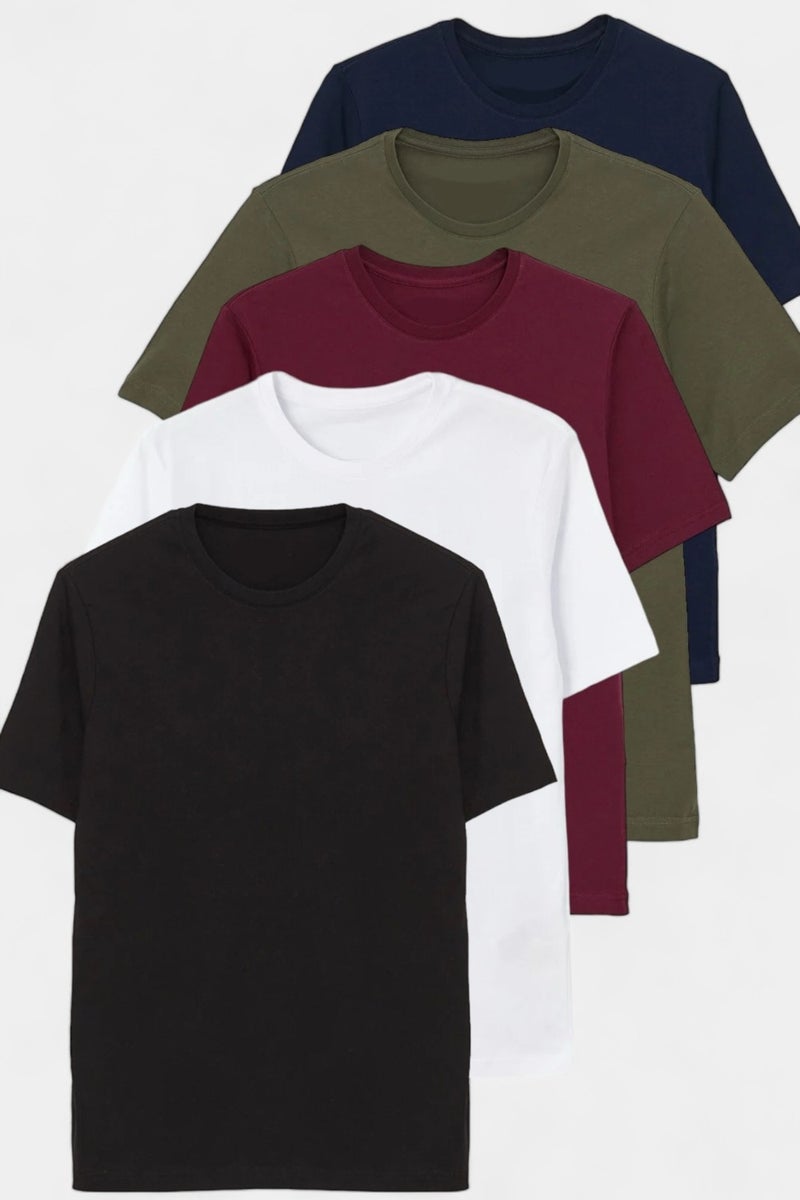 Black-White-Claret Red-Khaki-Navy Blue Slim Basic 5 Pack Basic 95% Cotton 5% Lycra T-Shirt