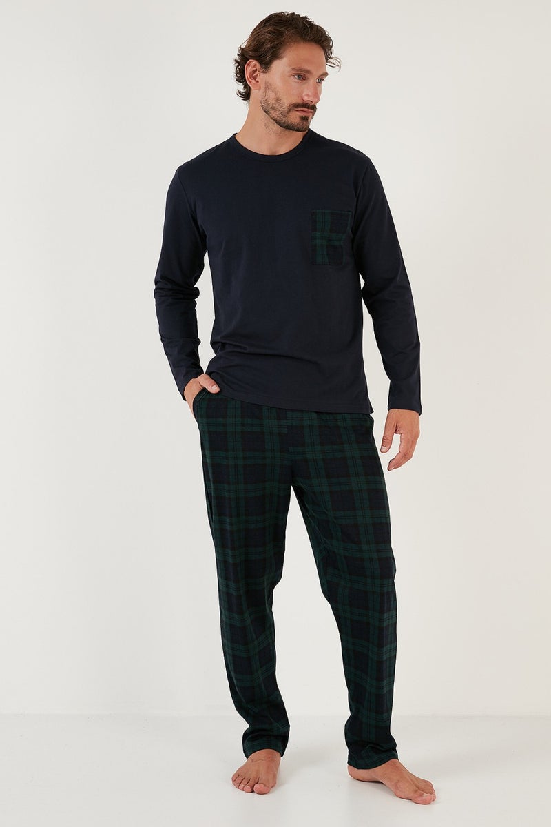 Plaid Pocket Elastic Waist 100% Cotton Regular Fit Pajama Set Men's Pajama Set 6572001