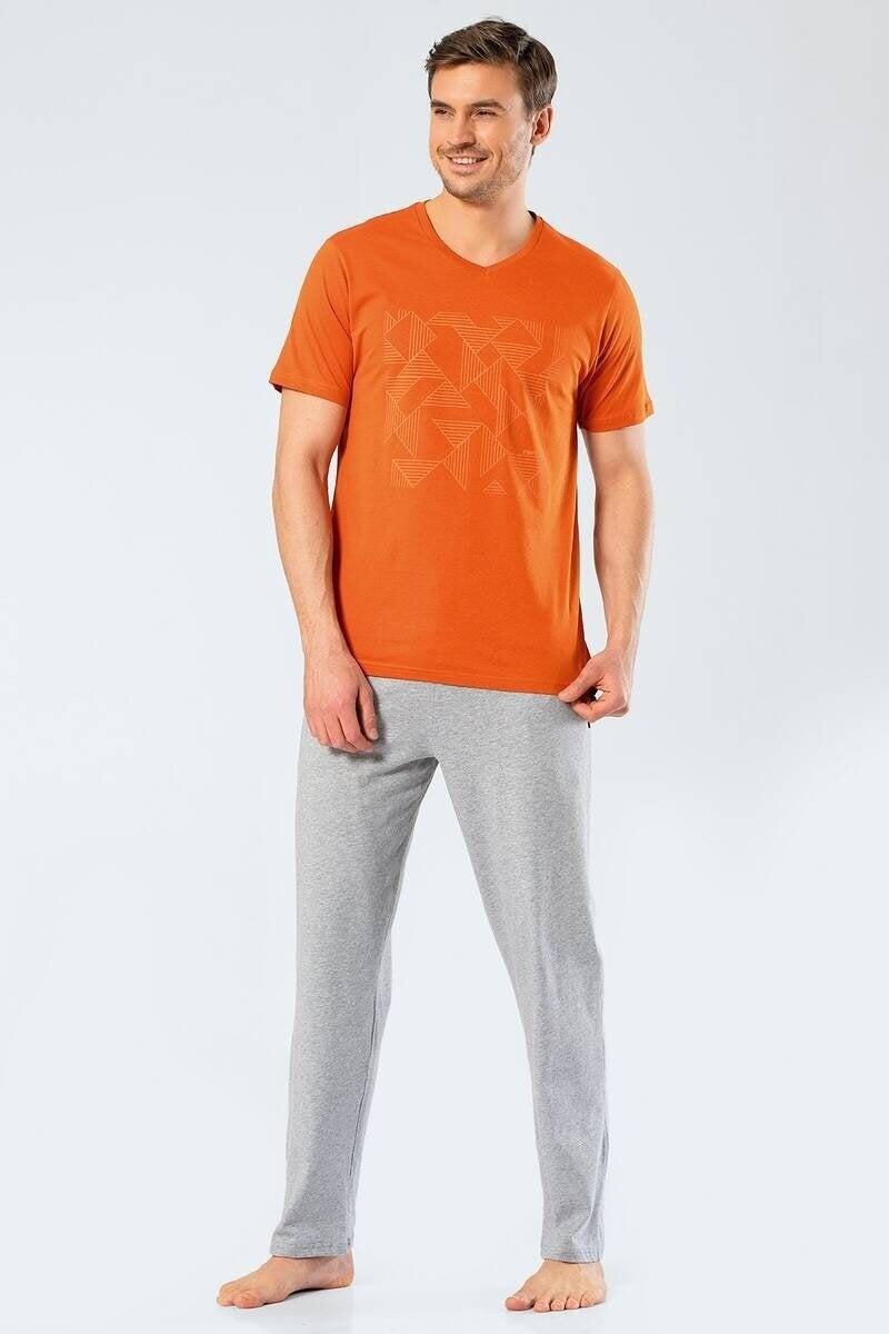 Men's Printed V-Neck Trousers Pajama Set