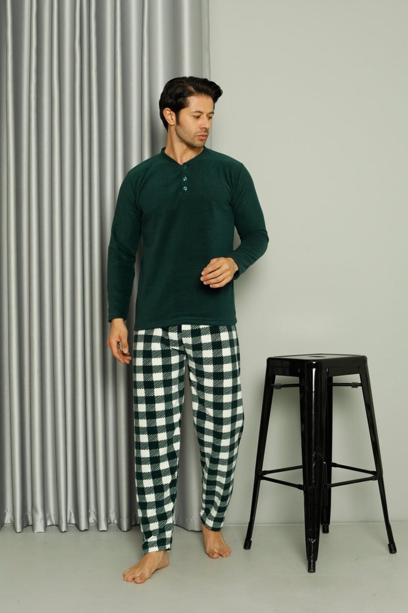 Men's Buttoned Fleece Pajama Set Checked Suit Tampap 35002