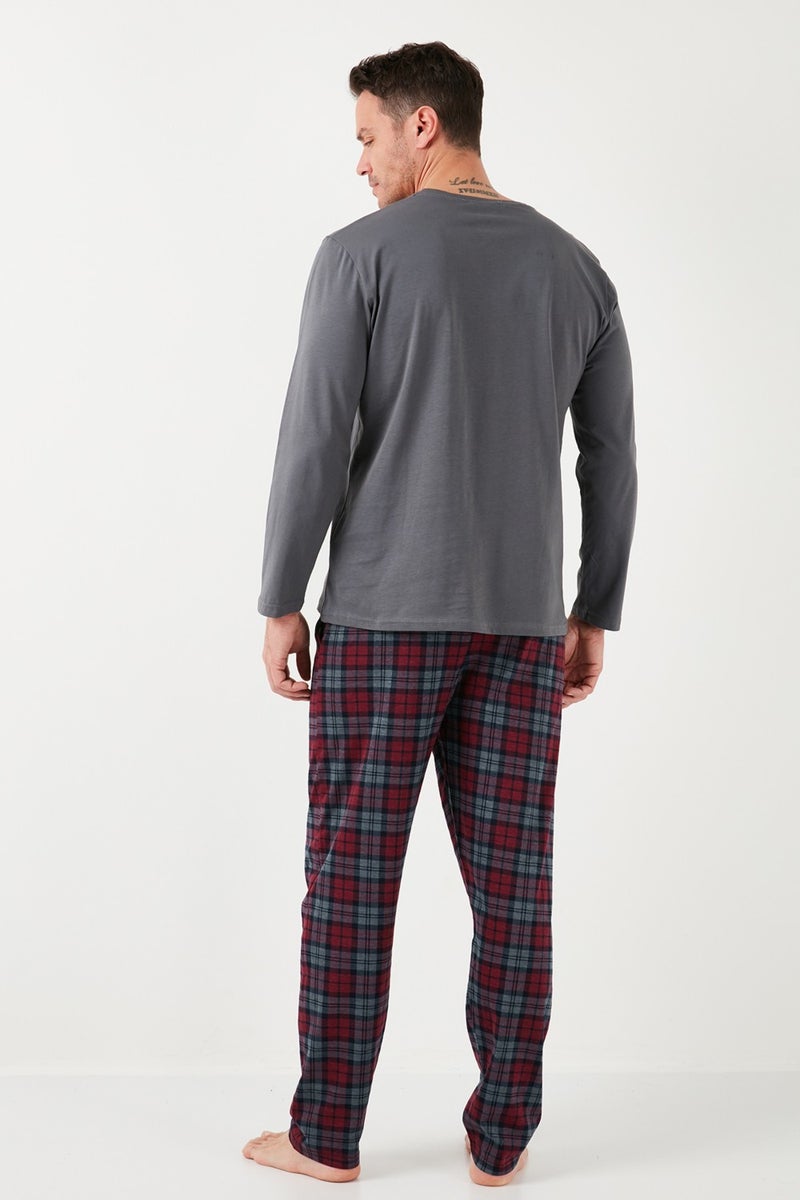 Plaid Cotton Regular Fit Long Sleeve Men's Pajama Set with Elastic Waist 6572003