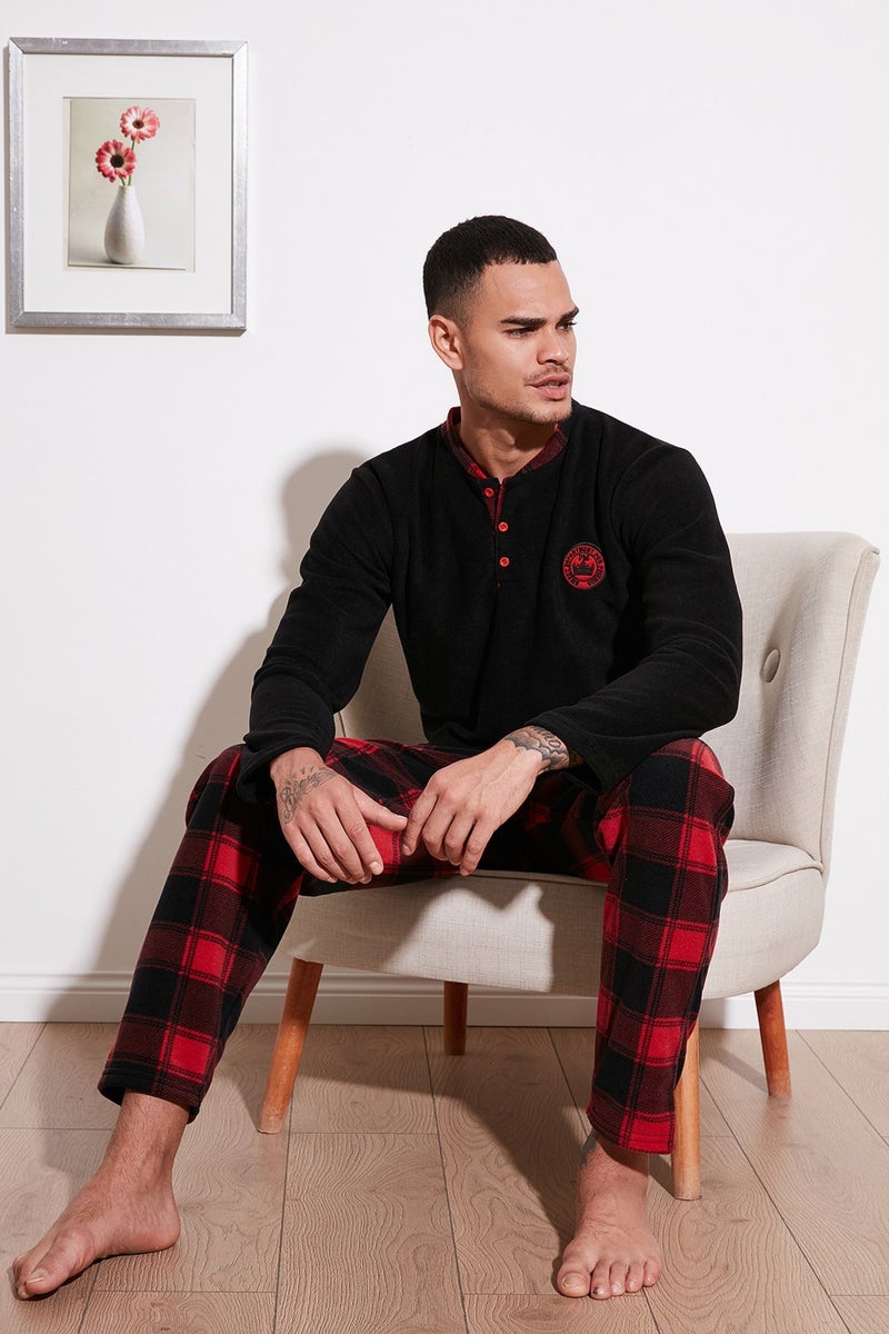 Plaid Regular Fit Crew Neck Winter Polar Fleece Pajama Set Men's Pajama Set 609610013W4