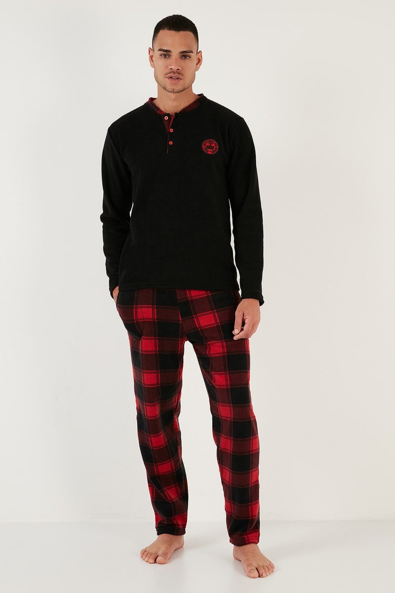 Plaid Regular Fit Crew Neck Winter Polar Fleece Pajama Set Men's Pajama Set 609610013W4