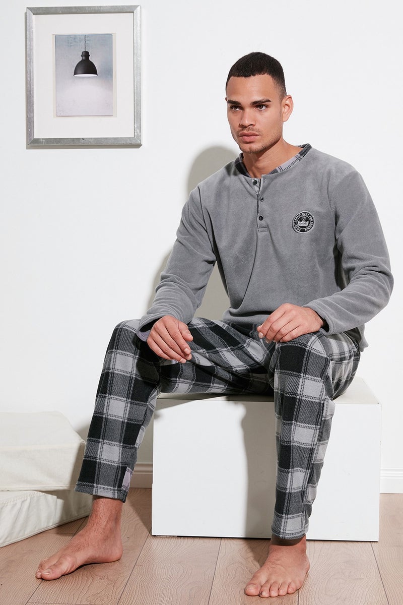 Plaid Regular Fit Crew Neck Winter Polar Fleece Pajama Set Men's Pajama Set 609610013W4