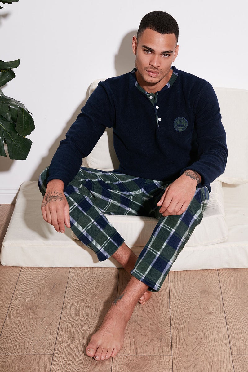 Plaid Regular Fit Crew Neck Winter Polar Fleece Pajama Set Men's Pajama Set 609610013W4