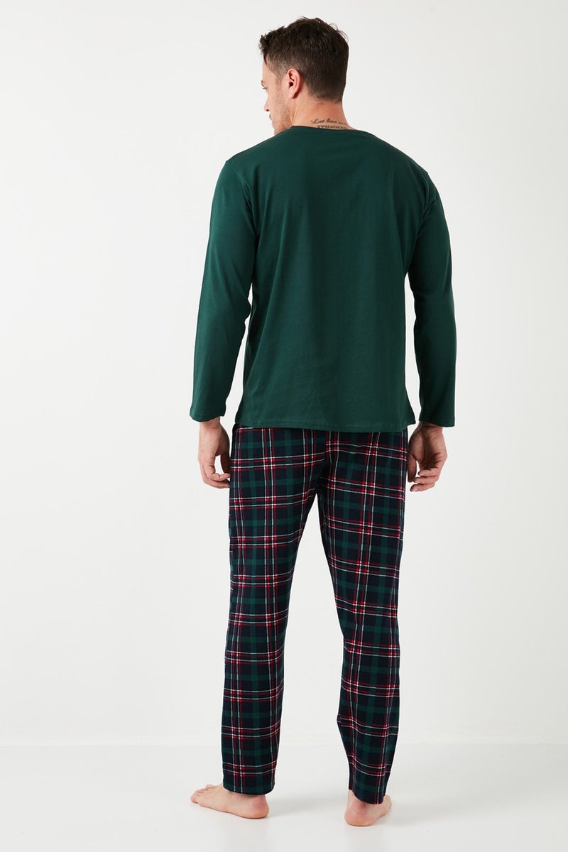 Plaid Cotton Regular Fit Long Sleeve Men's Pajama Set with Elastic Waist 6572003