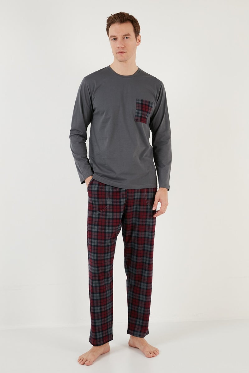 Plaid Pocket Elastic Waist 100% Cotton Regular Fit Pajama Set Men's Pajama Set 6572001