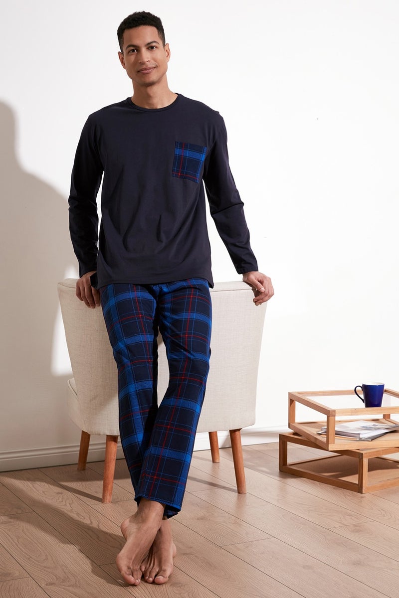 Plaid Pocket Elastic Waist 100% Cotton Regular Fit Pajama Set Men's Pajama Set 6572001