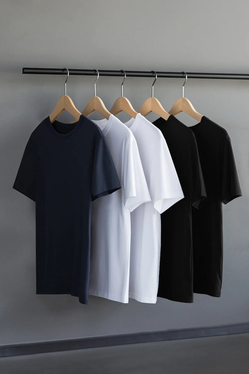 Black-White-Navy Blue Slim Basic 5 Pack Basic 95% Cotton 5% Lycra T-Shirt