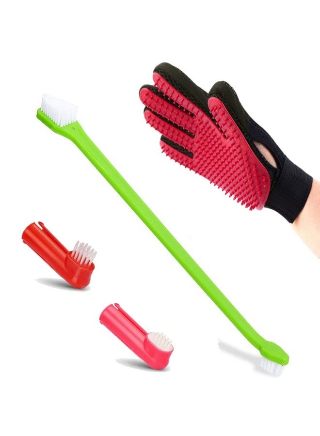 Dog Toothbrush For Teeth & Dogs Removes Food Debris Double Sided With Long Curved + Pet Grooming Glove Perfect For Dog & Cat With Long & Short Fur - Pack Of 2 (Color May Vary)