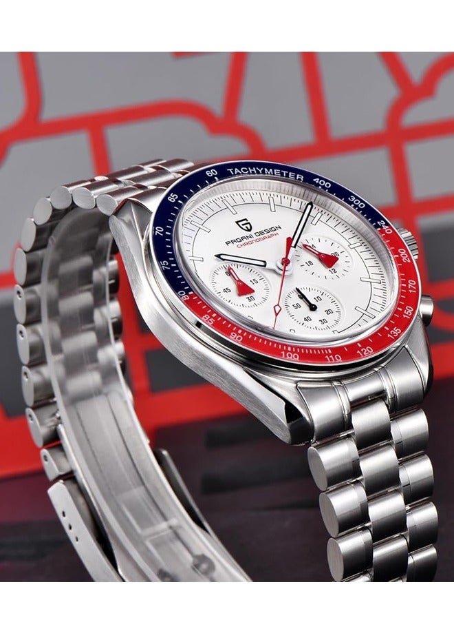 Men's Quartz Watches Metal Frame Blue Red Bezel White Dial Stainless Steel Strap Date Display Waterproof PD1701