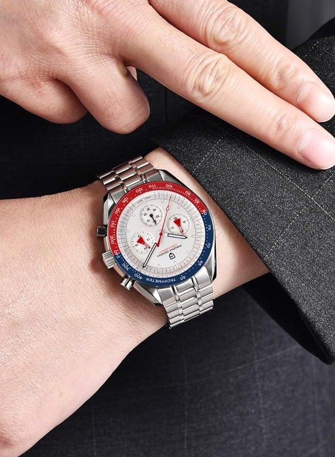 Men's Quartz Watches Metal Frame Blue Red Bezel White Dial Stainless Steel Strap Date Display Waterproof PD1701