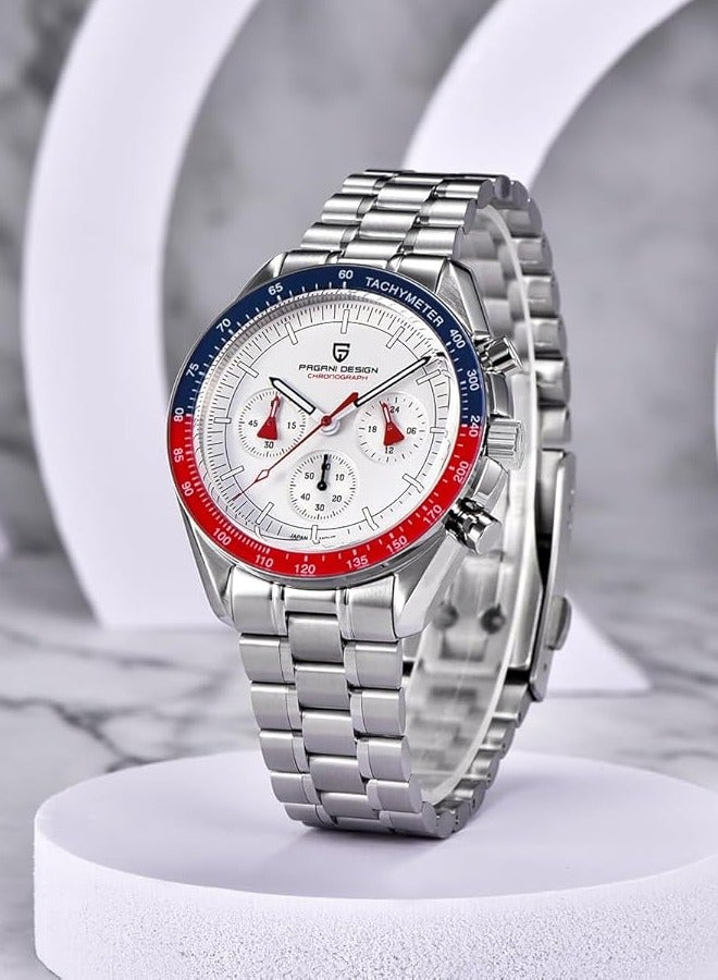 Men's Quartz Watches Metal Frame Blue Red Bezel White Dial Stainless Steel Strap Date Display Waterproof PD1701