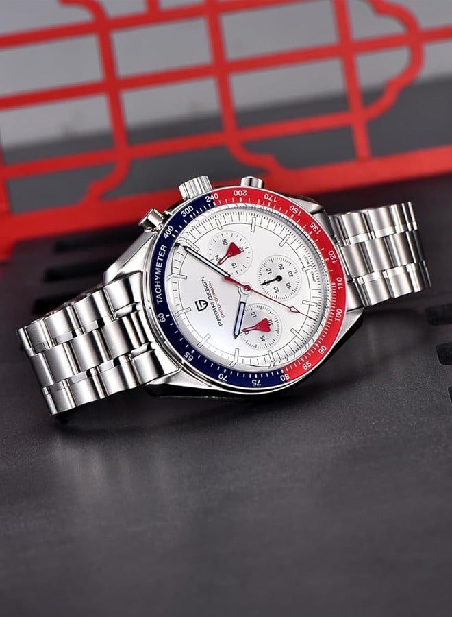 Men's Quartz Watches Metal Frame Blue Red Bezel White Dial Stainless Steel Strap Date Display Waterproof PD1701