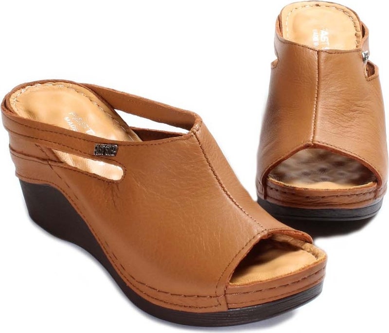 Women's Leather Comfortable Summer Wedge Heel Casual Slippers Brown 972za1001