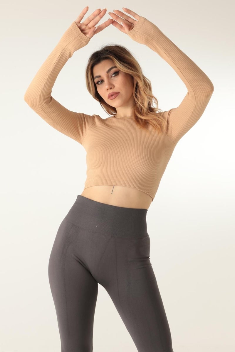 Long Sleeve Crew Neck Ribbed Crop