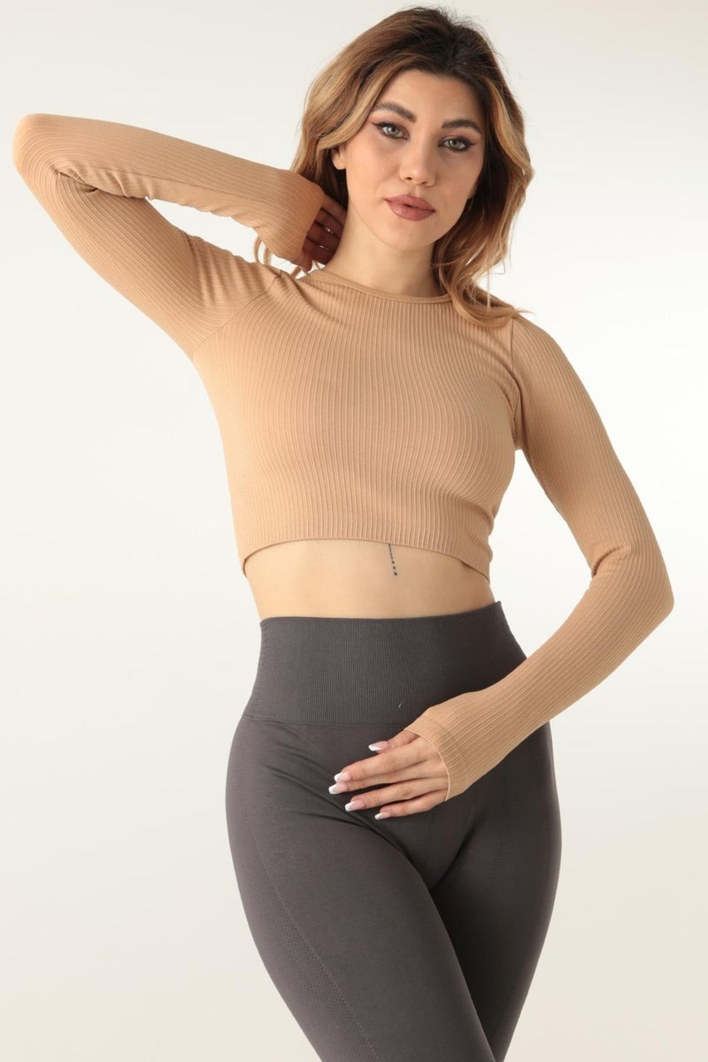 Long Sleeve Crew Neck Ribbed Crop