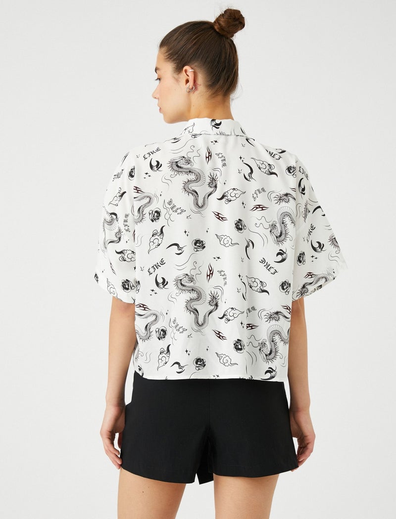 Cotton Short Sleeve Shirt Crop Viscose Printed Classic Collar Relaxed Cut