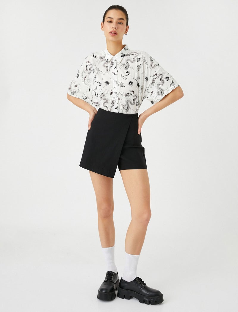 Cotton Short Sleeve Shirt Crop Viscose Printed Classic Collar Relaxed Cut