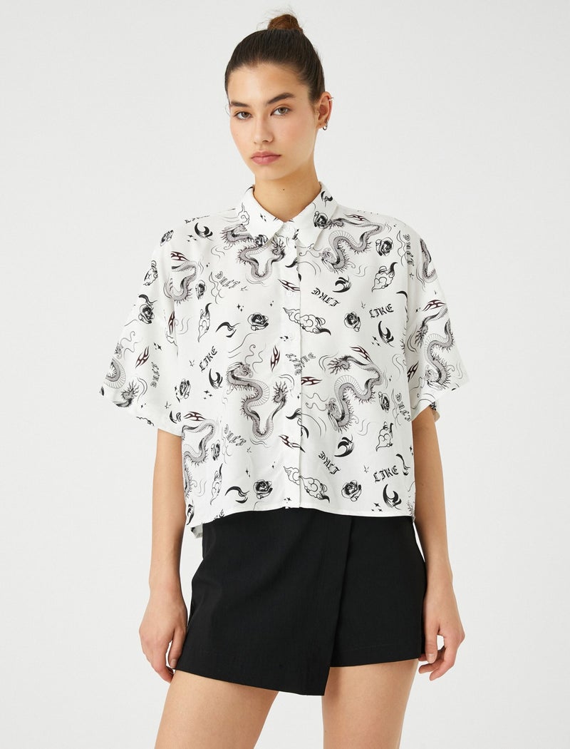 Cotton Short Sleeve Shirt Crop Viscose Printed Classic Collar Relaxed Cut